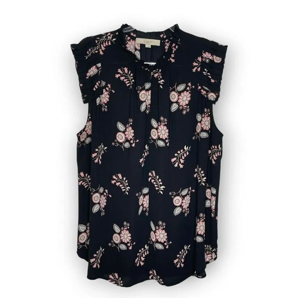 Loft LOFT Black Pink Floral Ruffle Edge Split Neck Sleeveless Blouse Women’s XL